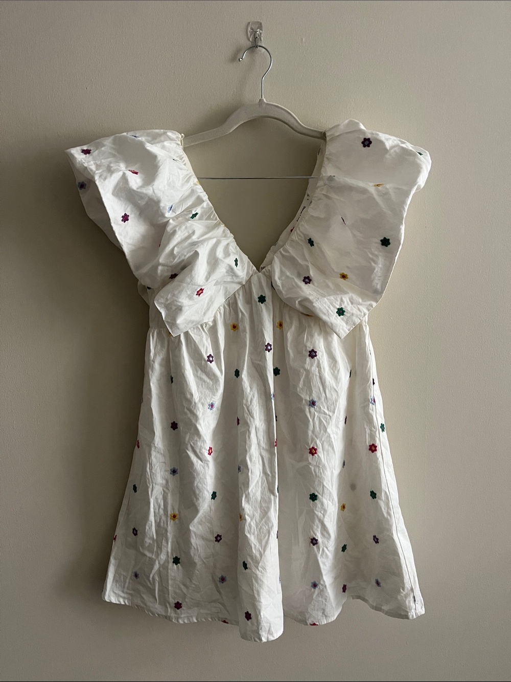Day + Moon White Floral Embroidered Ruffle-Sleeve Women's Dress Size Small